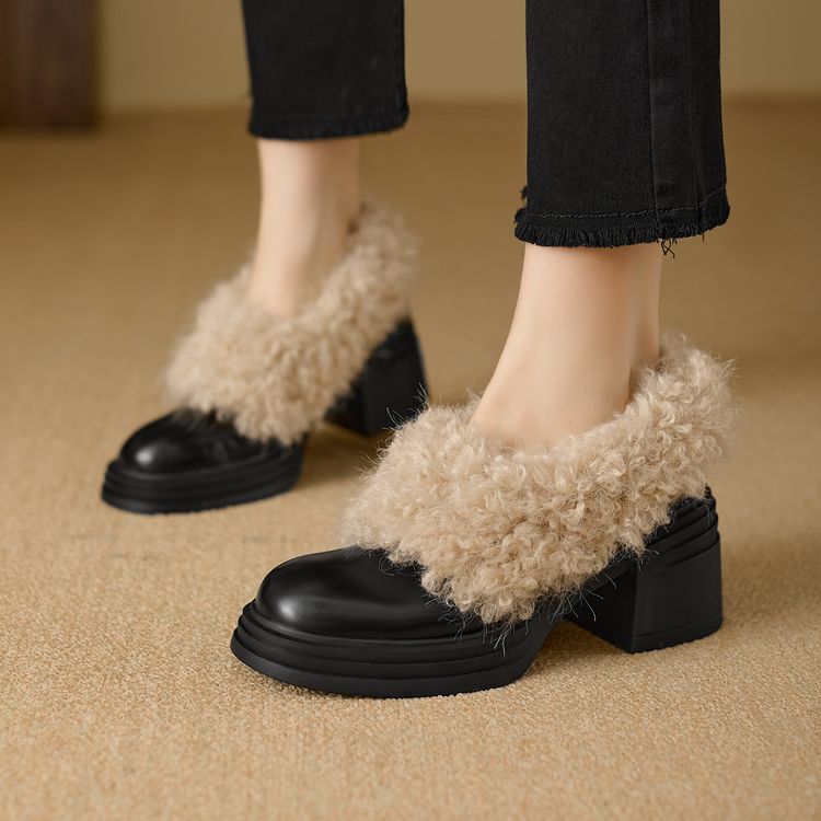 牛皮版圆头头粗跟羊毛乐福鞋女2024年新款韩版百搭加绒保暖小皮鞋