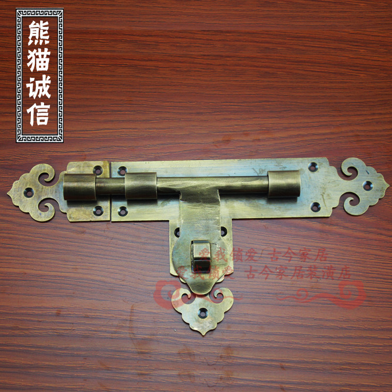 如意圆管单铜门插中式仿古横开挂锁箱锁纯铜柜刻花老式铜锁大门锁