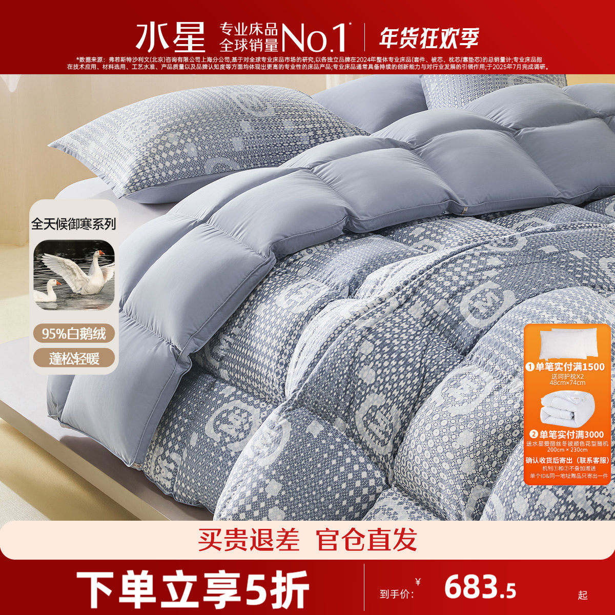 水星家纺95白鹅绒被子羽绒被春秋被加厚冬被保暖家用结婚被芯床品,床上用品,羽绒/羽毛被,淘宝优惠券,粉丝福利购,淘宝优惠卷