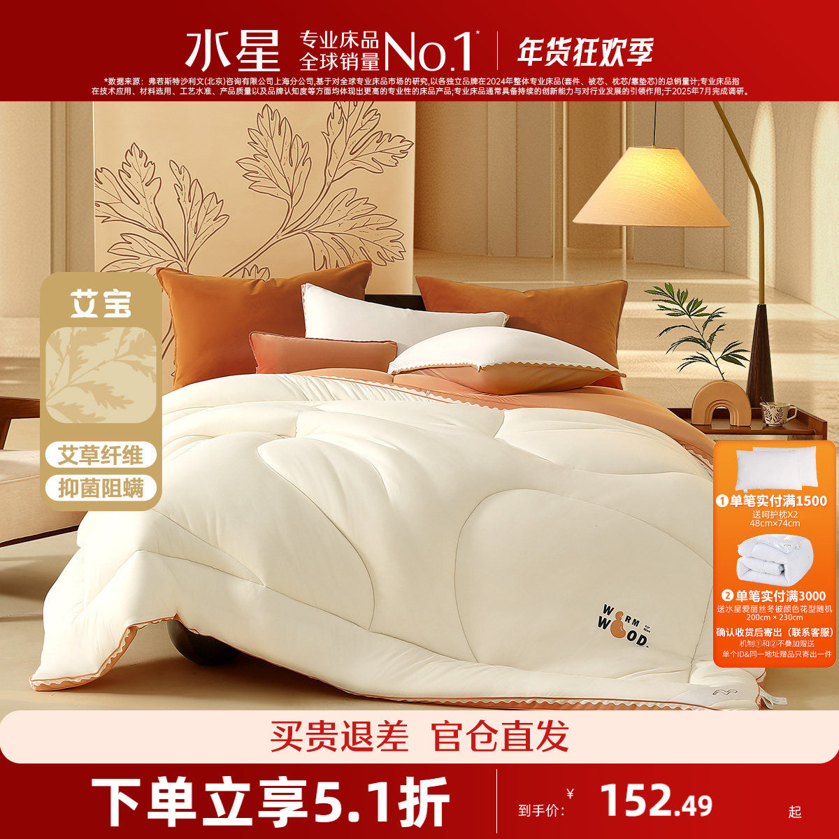 水星家纺加厚冬被艾草抑菌保暖自发热大豆被子A类被芯床品24新品,床上用品,化纤被,淘宝优惠券,粉丝福利购,淘宝优惠卷