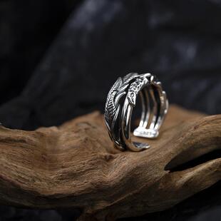 《见山》复古做旧花草树木双层小众款纹路S925银开口男女情侣戒指