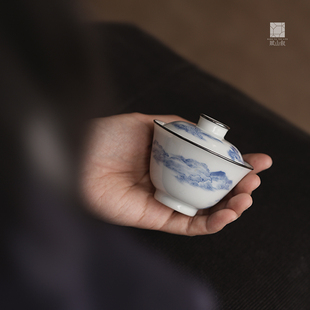 赋山叙官方丨青花山水银口盖碗单个景德镇青花陶瓷功夫茶泡茶器小