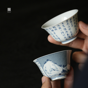 赋山叙丨洒蓝雪霁若深杯主人杯单杯手绘诗文青花雪景功夫品茗茶杯