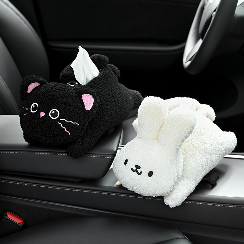 车载纸巾盒可爱卡通毛绒小兔车内扶手箱抽取式卫生纸盒汽车卫生纸