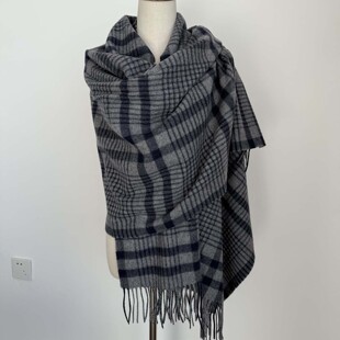 北欧同款黑灰色格子纯羊毛围巾披肩两用秋冬保暖加厚欧美