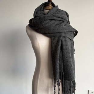 纯羊绒围巾灰色镂空秋冬加厚保暖大尺寸