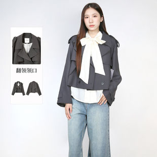 女时尚 紫淑2025秋商场同款 翻领层次感短风衣 Basil Sweet