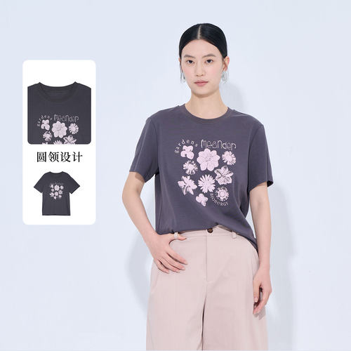 紫淑女深灰显瘦复古花朵短袖T恤