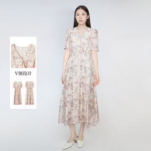 时尚 Sweet 新款 紫淑紫淑2025秋装 女V领设计感碎花连衣裙 Basil