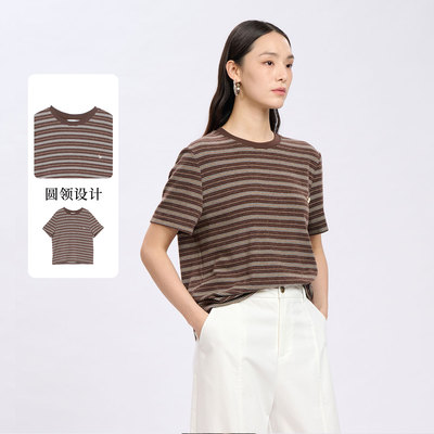 紫淑女复古条纹宽松短袖T恤