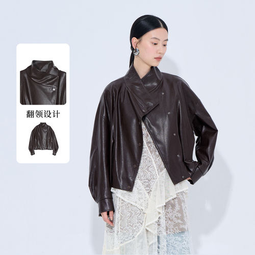 紫淑PU皮翻领通勤女短外套夹克