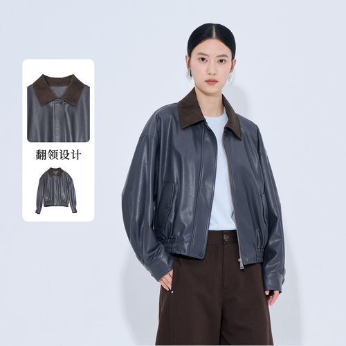 紫淑秋女复古翻领真皮短款夹克