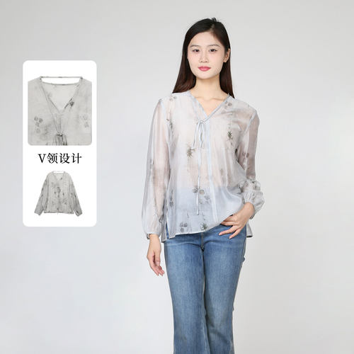 紫淑春女中式V领印花上衣