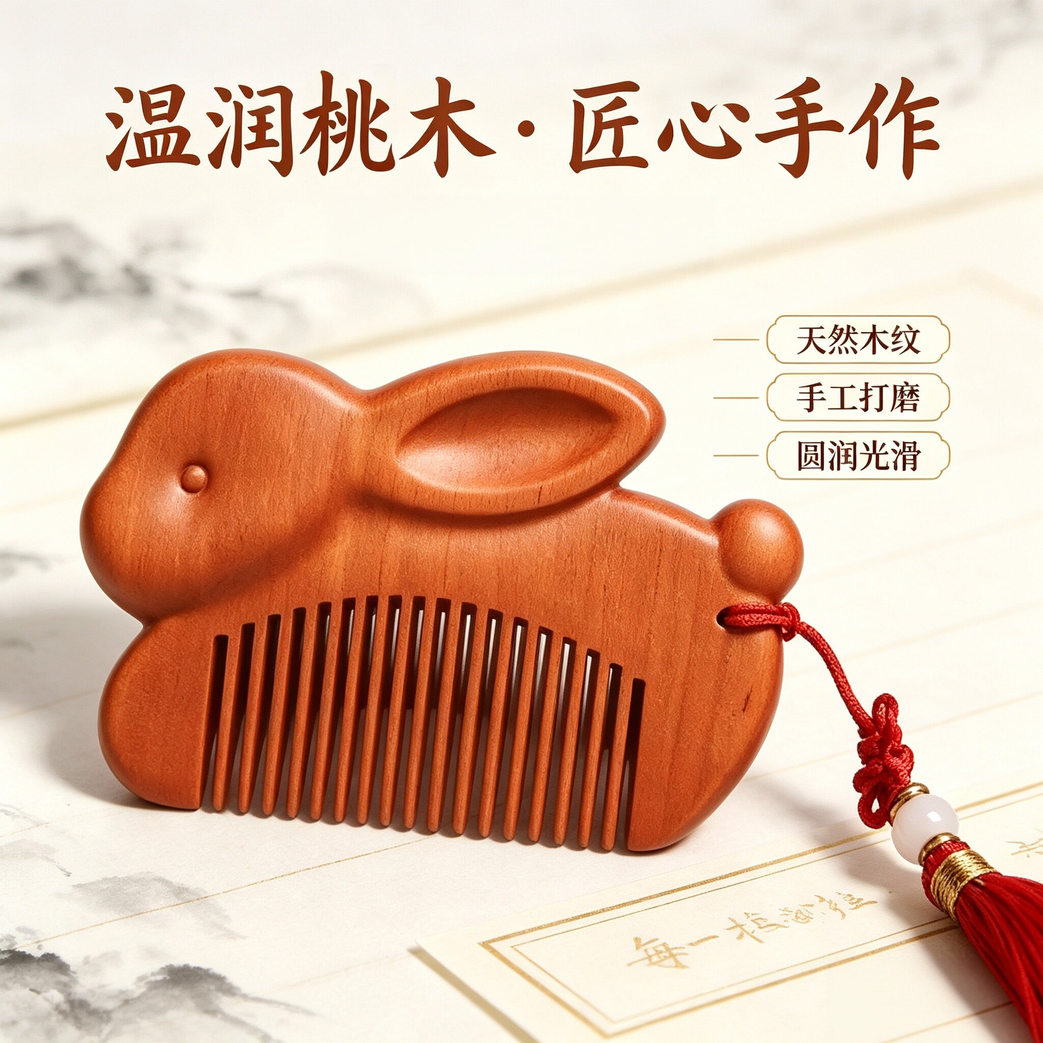 国风桃木玉兔雕刻头皮按摩梳