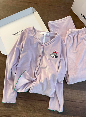 居小物甜美韩系紫色米奇德绒睡衣女秋冬新款加绒加厚保暖长袖