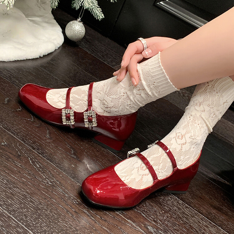 浅口单鞋粗跟玛丽珍鞋圆头水钻