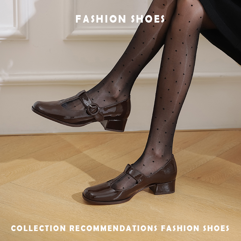 单鞋复古T字带粗跟玛丽珍鞋