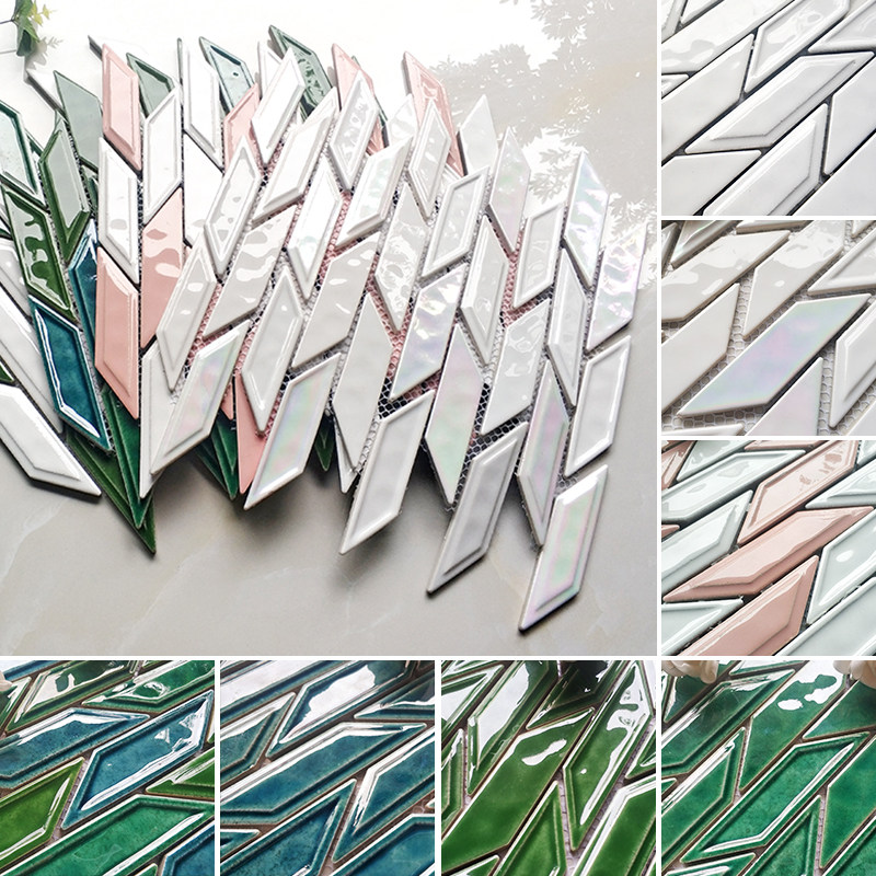 蓝色现代简约菱形窑变陶瓷马赛克瓷砖民宿酒吧浴室背景墙砖粉白色