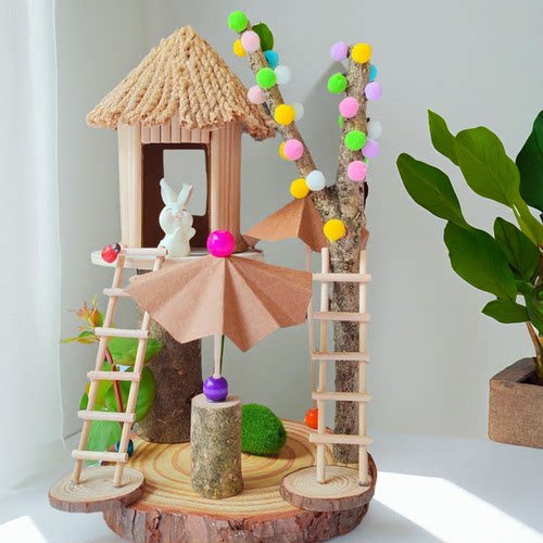 幼儿园手工diy树枝木片树屋搭建
