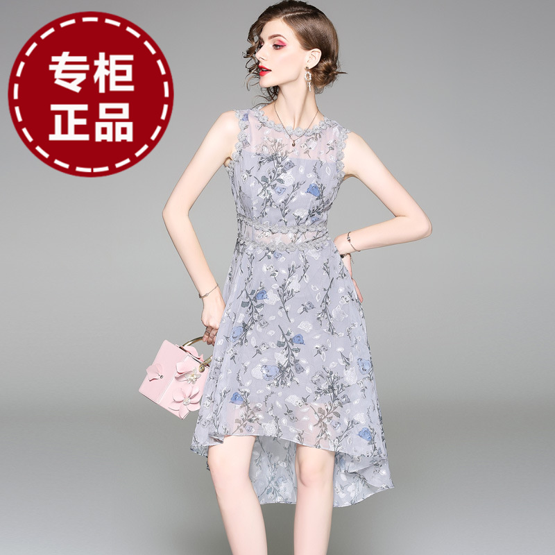 月光石女装新款圆领印花拼接无袖收腰雪纺连衣裙AL8826