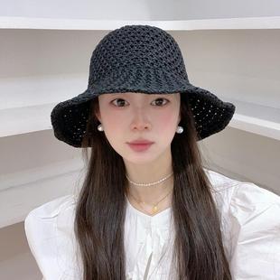 休闲遮阳盆帽女时尚 针织网眼镂空大檐渔夫帽韩版 透气太阳防晒帽女