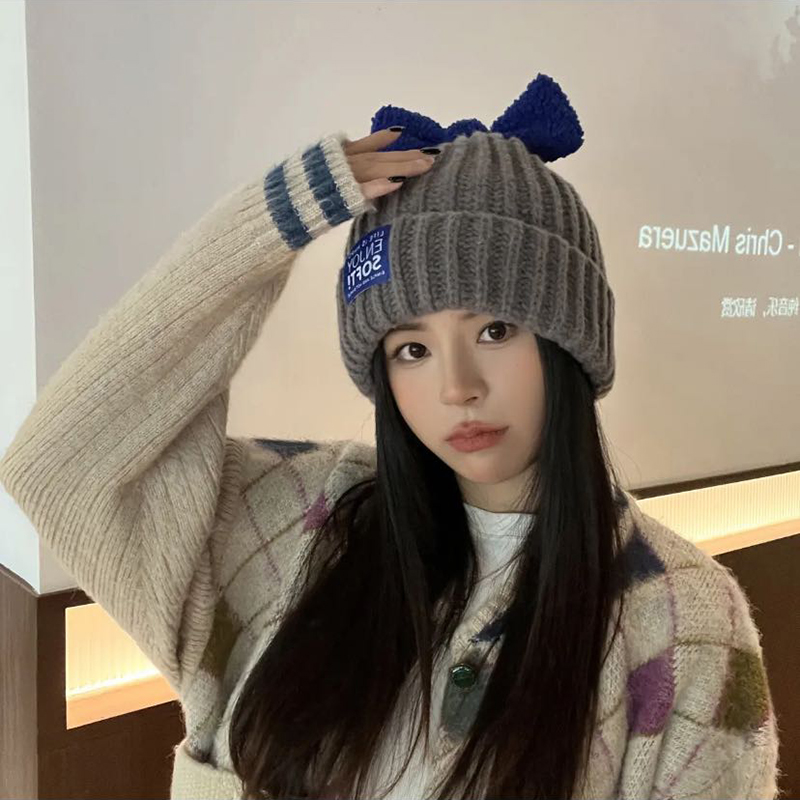 秋冬糖果色蝴蝶结毛线帽子