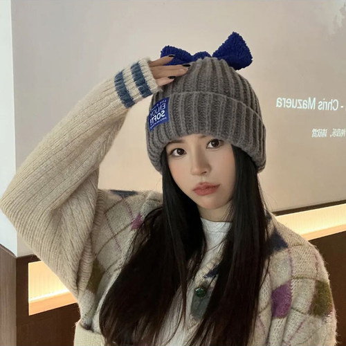 秋冬糖果色蝴蝶结毛线帽子