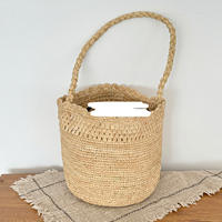 French retro vacation style raffite grass hand-woven bucket bag, beach bag, single-shoulder hand-held straw woven bag for summer thumbnail 8
