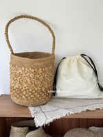 French retro vacation style raffite grass hand-woven bucket bag, beach bag, single-shoulder hand-held straw woven bag for summer thumbnail 3