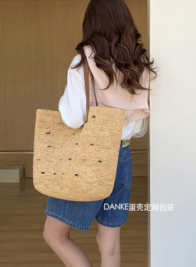 拉菲草彩色刺绣手工编织包大容量托特草编包单肩海边度假风沙滩包