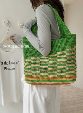 韩版简约休闲百搭撞色编织包手提 手提草编包日常通勤托特单肩包