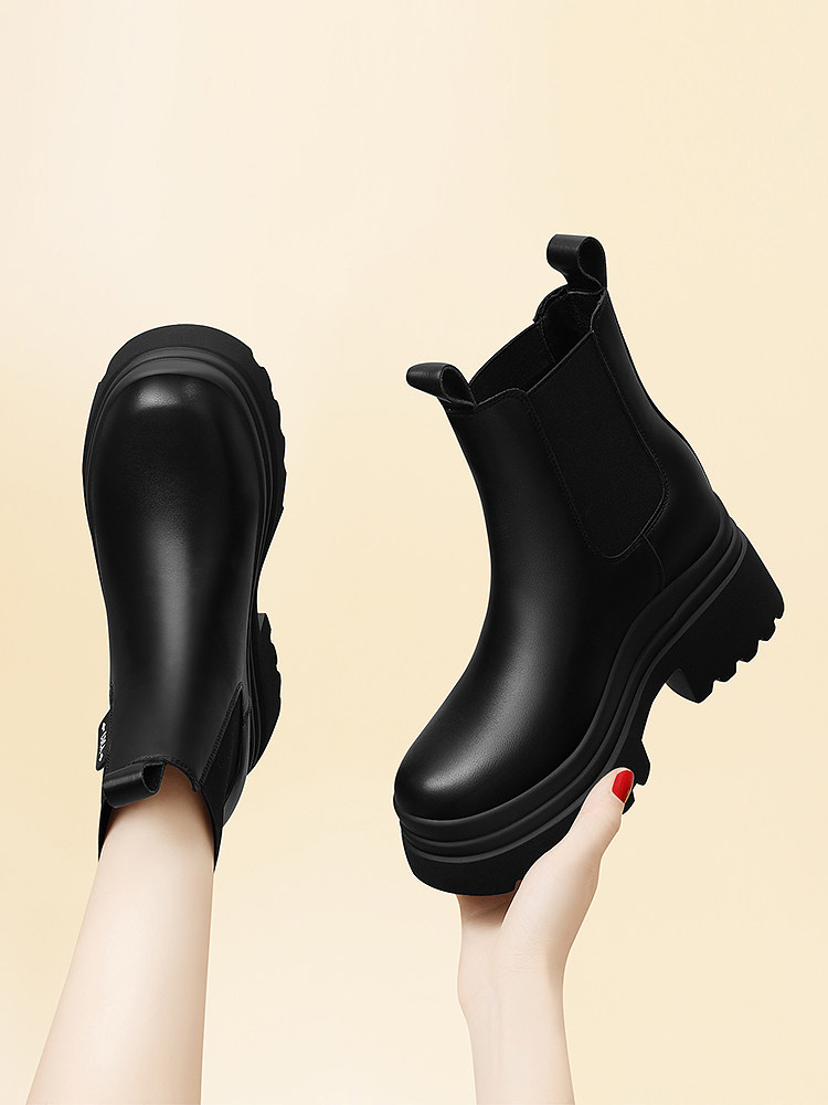 CHELSEA BOOTS WOMENS AUTUMN WINTER BLACK PLATFORM PILE BLOCK HEEL CHIMNEY MARTIN BOOTS SMALL MAN HEIGHTENED LEATHER