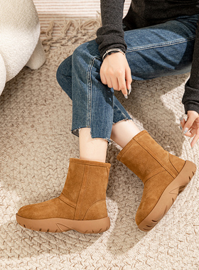 O.L2024冬季新款加绒加厚真皮皮毛一体美拉德风雪地靴女士棉鞋