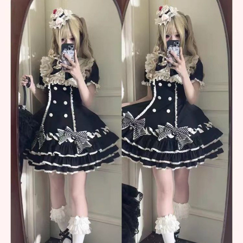 条纹千层Lolita洋装黑色甜美蛋糕裙洛丽塔千层蛋糕lolita