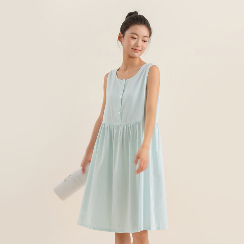 女士家居服睡裙夏季连衣裙棉人棉纯色素色凉感睡裙棉绸女家居裙子