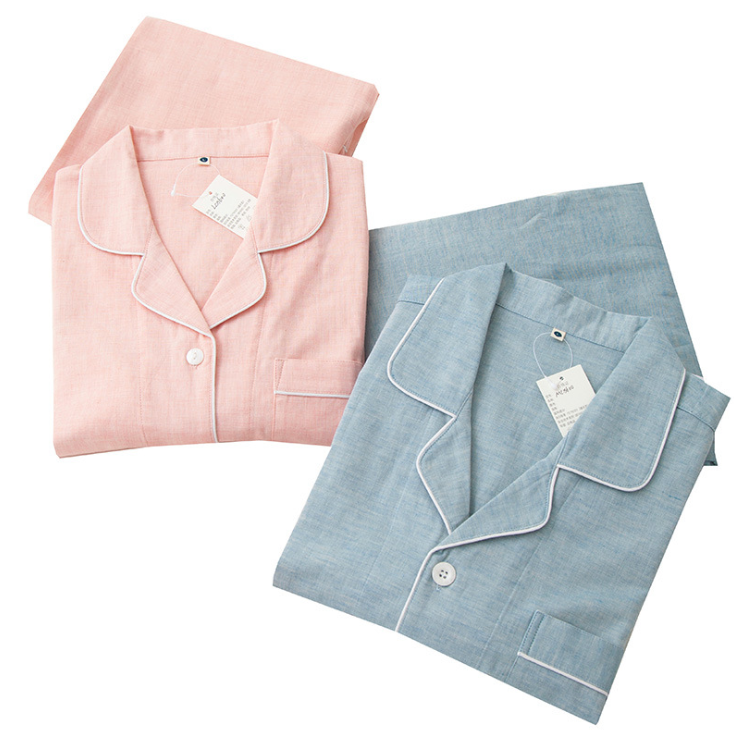 素色情侣双层男士睡衣套装新品