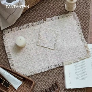 韩国ins 摄影摆拍道具 fever地毯平替 复古棉麻流苏餐垫杯垫 TAN