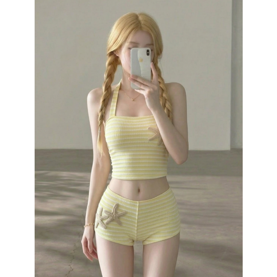 泰式条纹甜美风泳衣女海星挂脖分体平角显瘦度假2026温泉私汤泳装