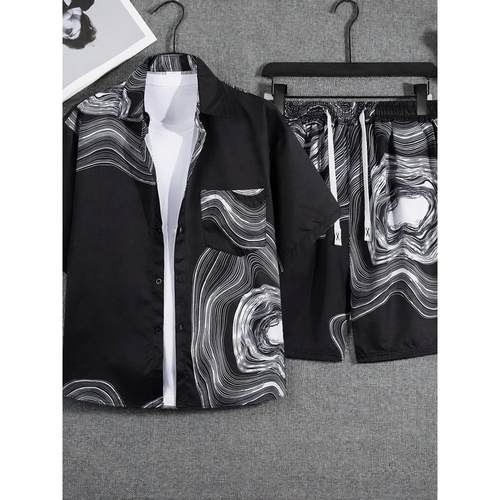 夏威夷沙滩花衬衫短袖套装男士宽松大码港风复古冰丝衬衣外套情侣