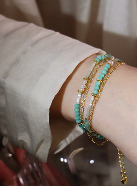 跨境热卖绿松石多层手链 女时尚气质金属链条 小众设计感叠戴手饰