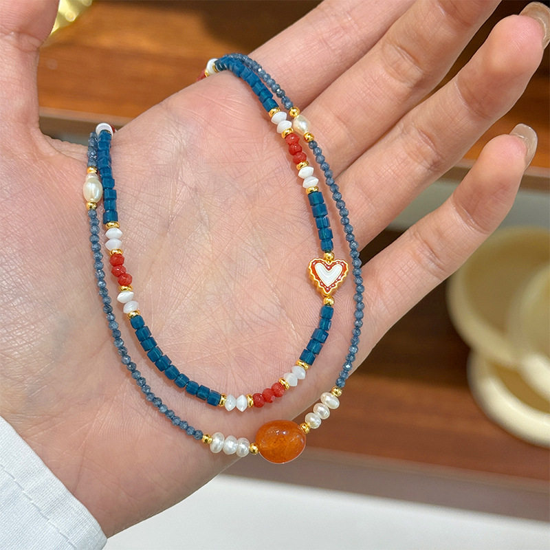 新款时尚简约百搭蓝色锆石珠贝壳串珠项链轻奢小众感锁骨链女