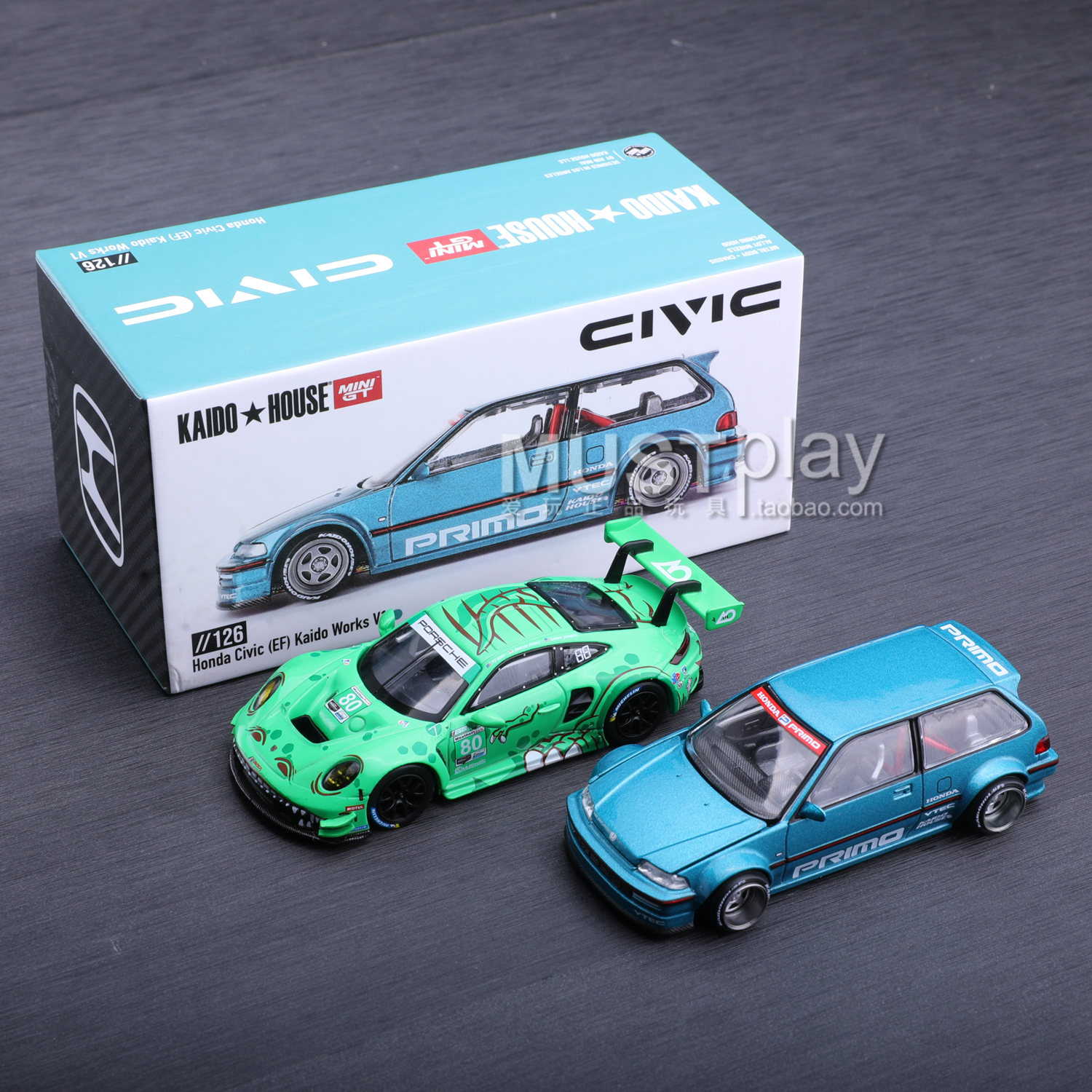 Kaido MINIGT联名126思域 713保时捷绿恐龙 911 GT3 1/64合金车模
