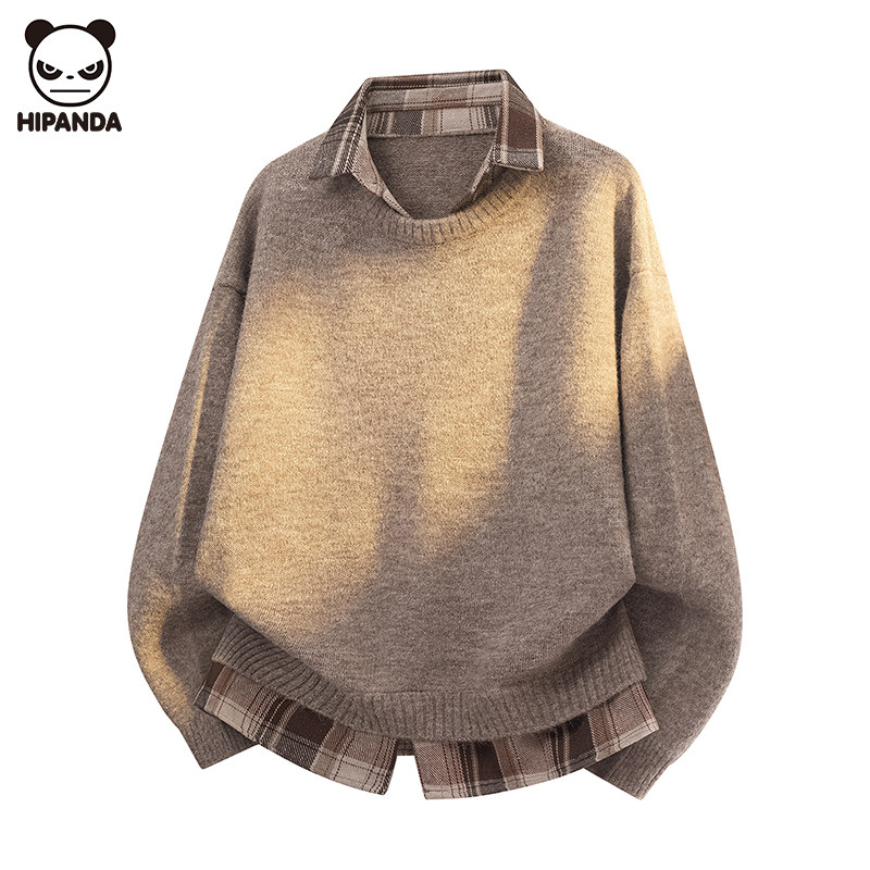 Hi Panda撞色假两件毛衣男士秋冬新款设计感保暖针织休闲套头上衣,男装,针织衫/毛衣,淘宝优惠券,粉丝福利购,淘宝优惠卷