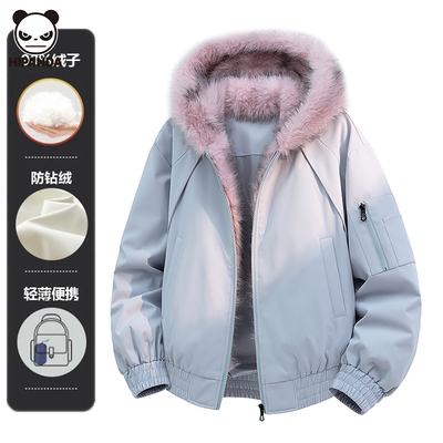 Hi Panda潮牌毛领座山雕羽绒服男女情侣冬季加厚保暖连帽短款外套