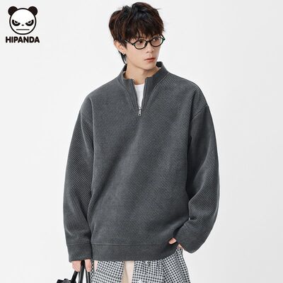 Hi Panda长袖卫衣男装拉链秋冬重磅立领套头百搭宽松休闲纯色上衣