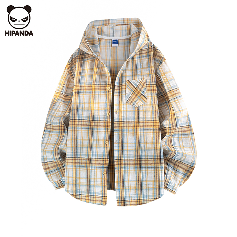 Hi Panda潮牌格纹连帽衬衫男款秋季连帽款百搭衬衣卫衣开衫夹克衫