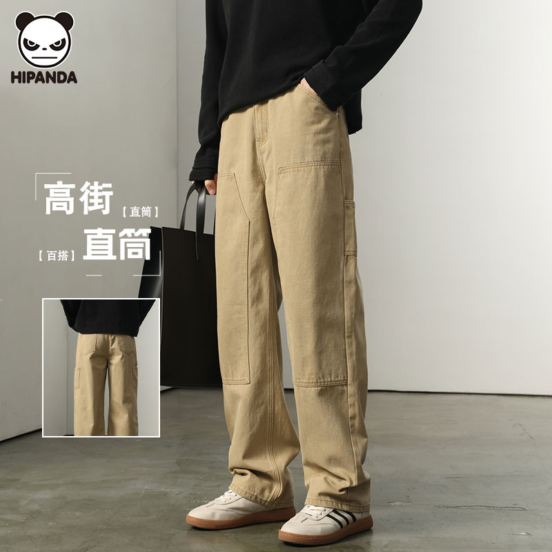 Hi Panda秋冬美式宽松拼接牛仔裤男生潮流直筒休闲工装伐木裤子潮