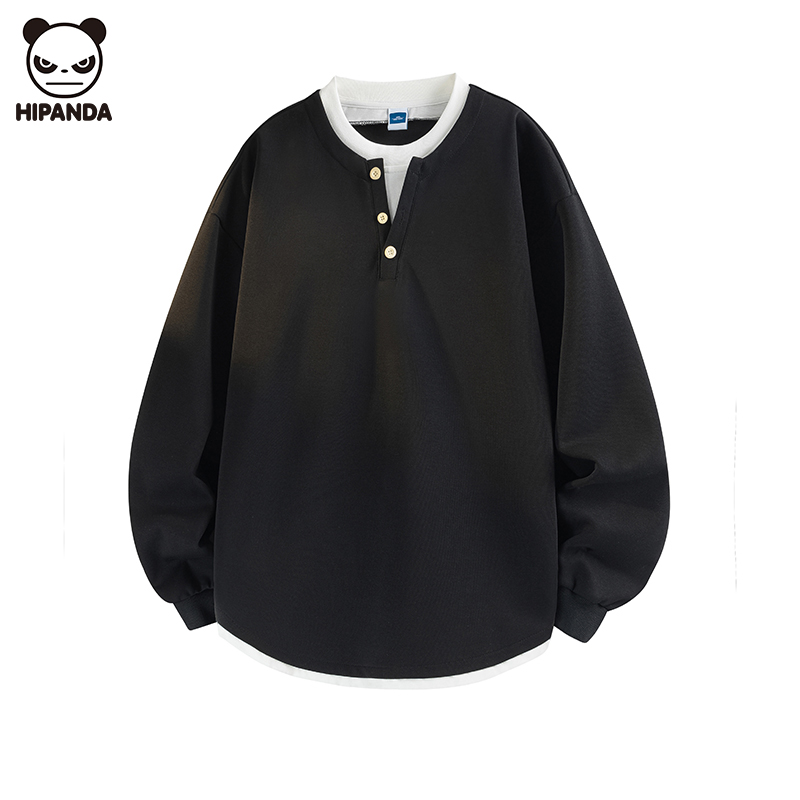 Hi Panda假两件V领卫衣男士秋季百搭时髦纽扣设计圆领长袖打底衫
