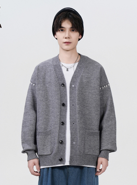 Hi Panda灰色V领撞色拼接线条毛衣开衫外套男秋冬新款宽松上衣潮