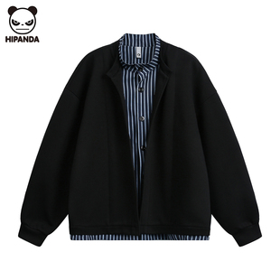 Hi Panda美式潮流条纹假两件卫衣男生春季2026新款设计感开衫外套